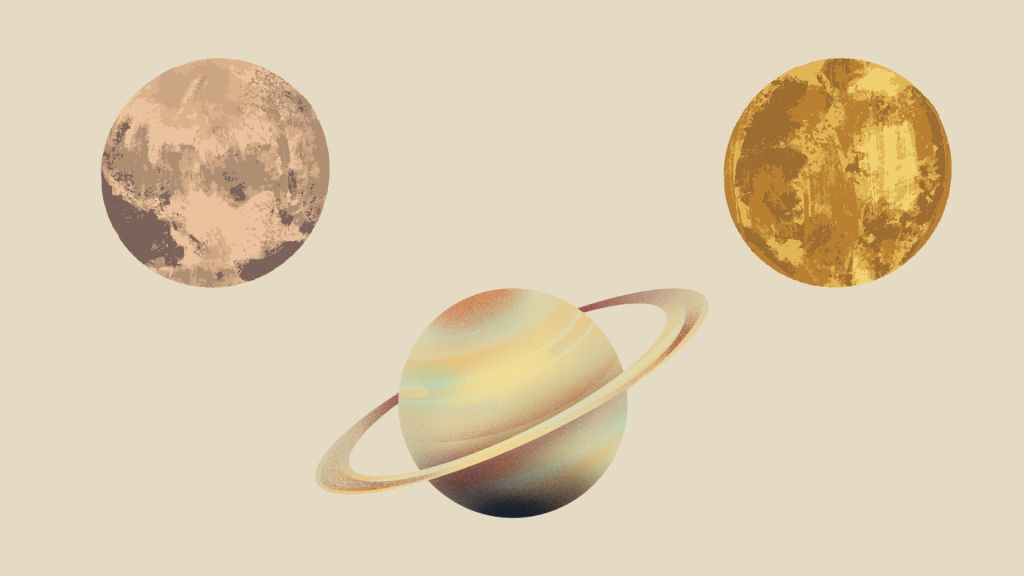 Pluto, Saturn, and Venus on a beige background